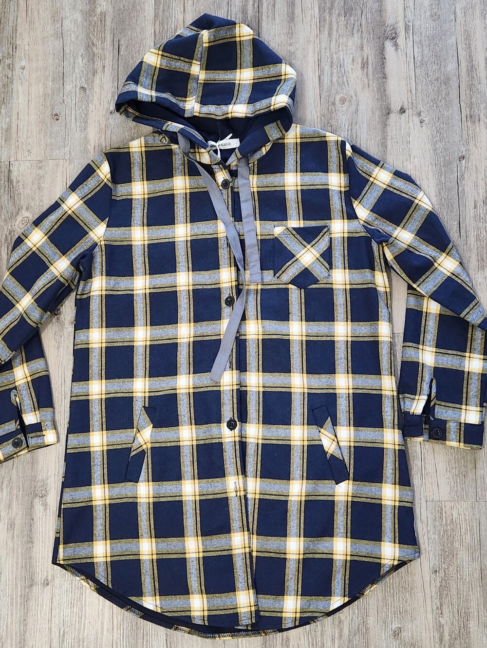 Grace Karin Navy & Yellow Plaid Hooded Womens shacket Jacket Large